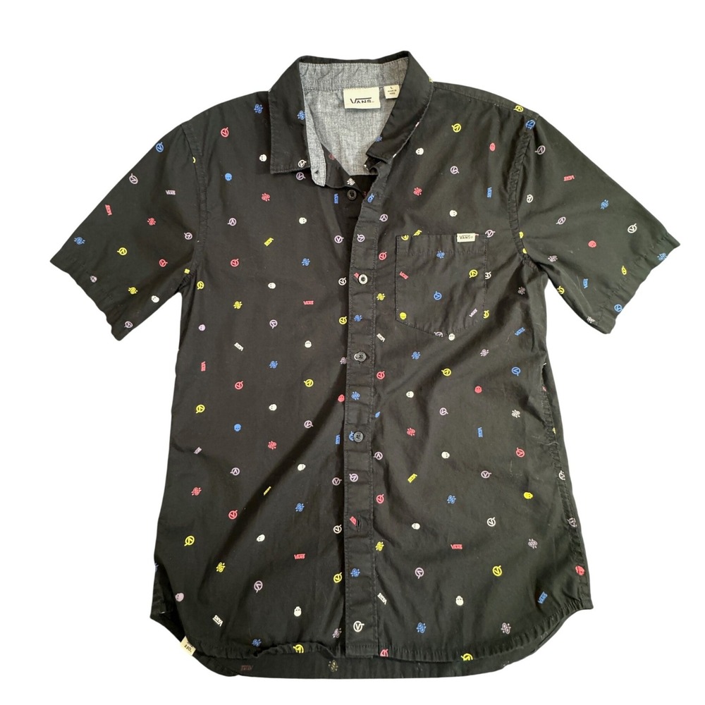 Vans Mens Large Black All Over Print Skull Logo Short Sleeve Button Down Shirt